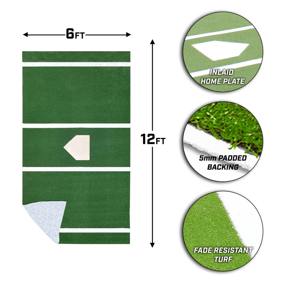 12' x 6' Green Batting Mat Pro with Inlaid Home Plate - Portable & Durable