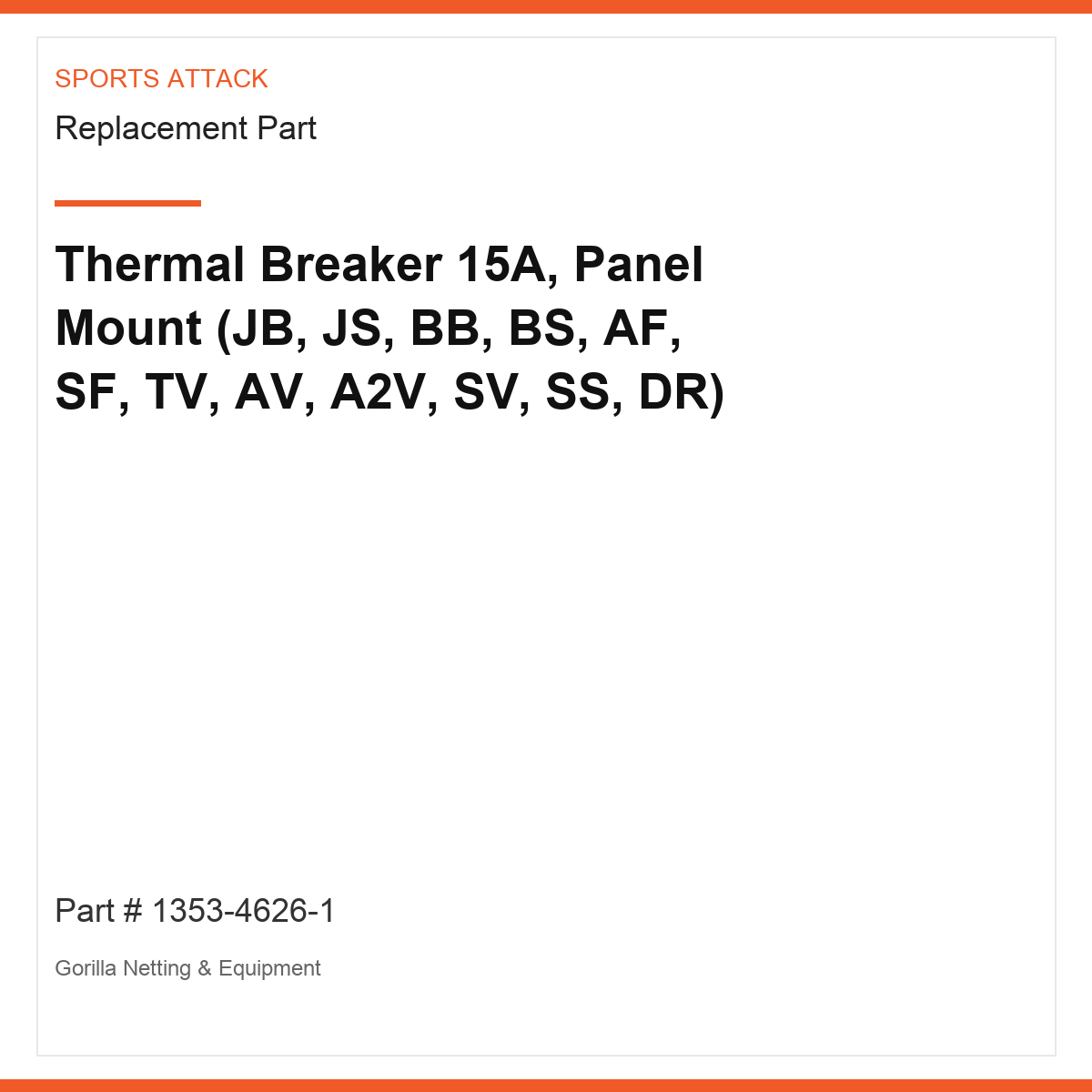 Thermal Breaker 15A, Panel Mount (JB, JS, BB, BS, AF, SF, TV, AV, A2V, SV, SS, DR)