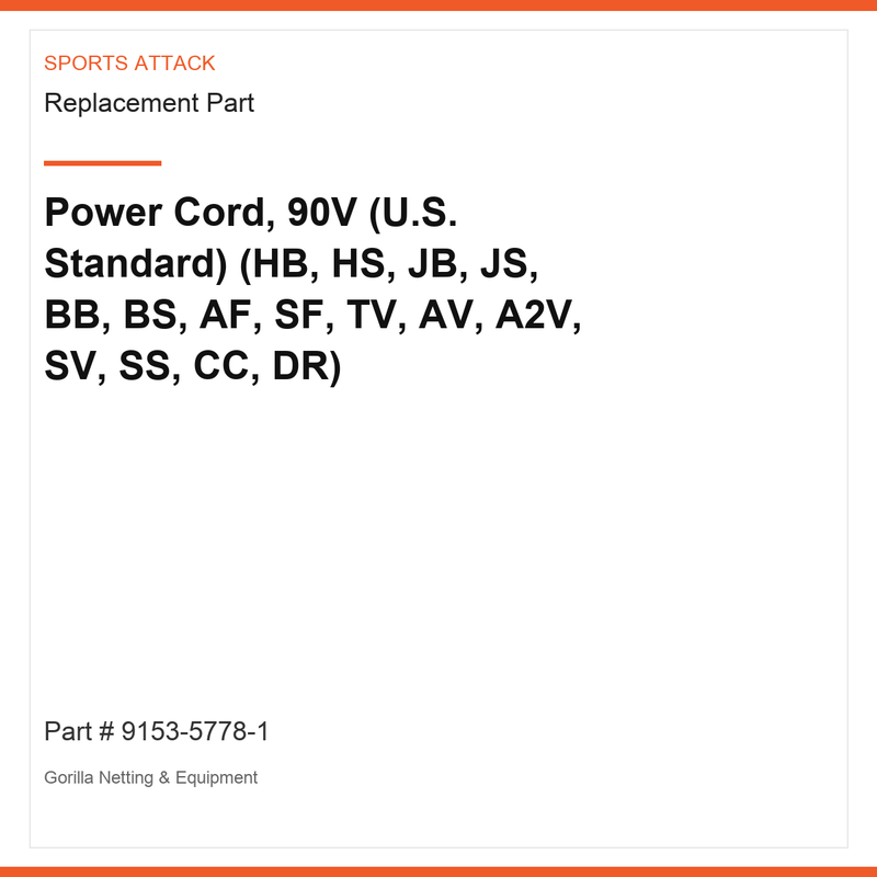 Power Cord, 90V (U.S. Standard) (HB, HS, JB, JS, BB, BS, AF, SF, TV, AV, A2V, SV, SS, C…